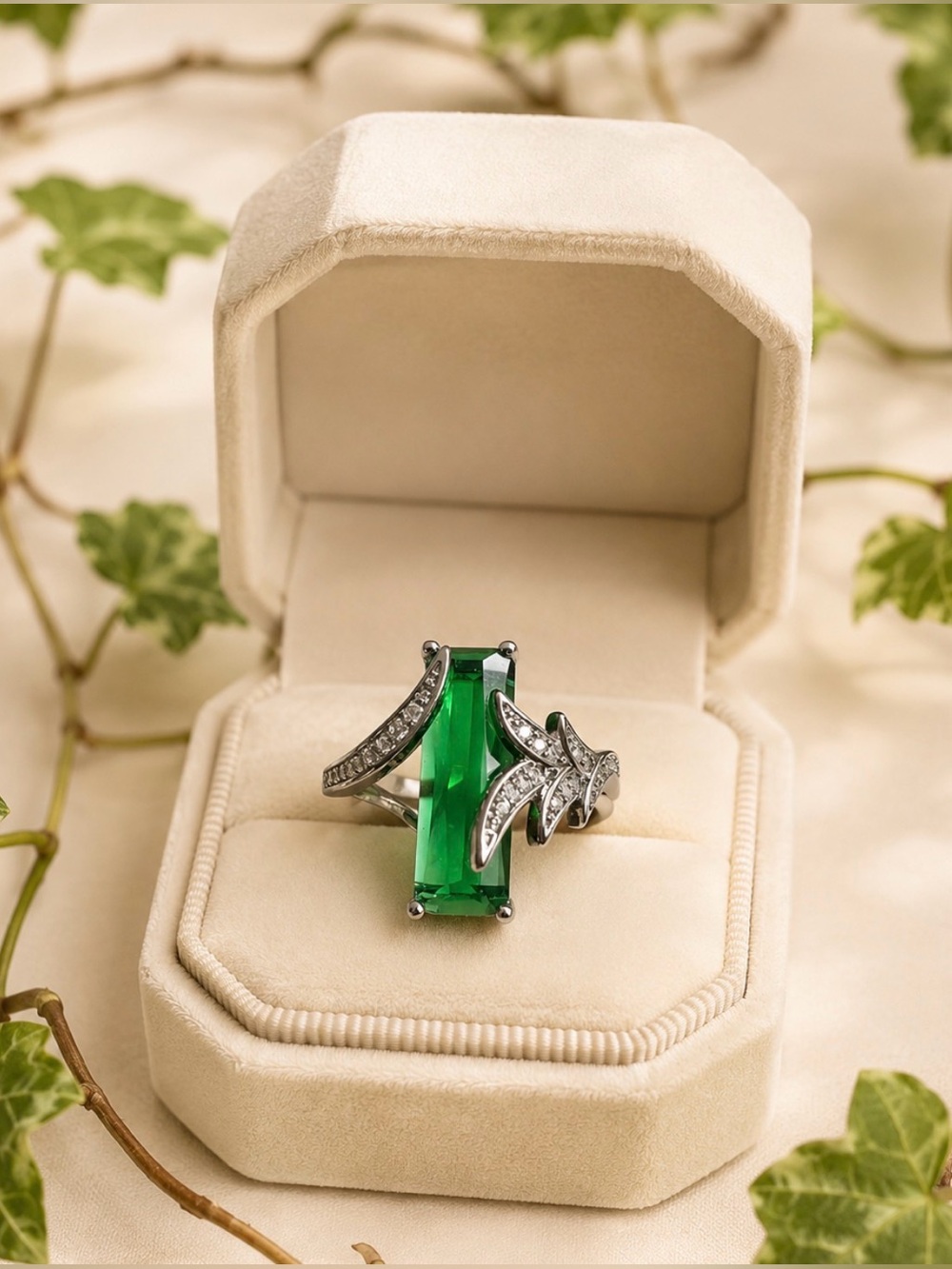 🤩Ring Green Stone Decorative Pave Wrap Around Leaves Foliage Statement
